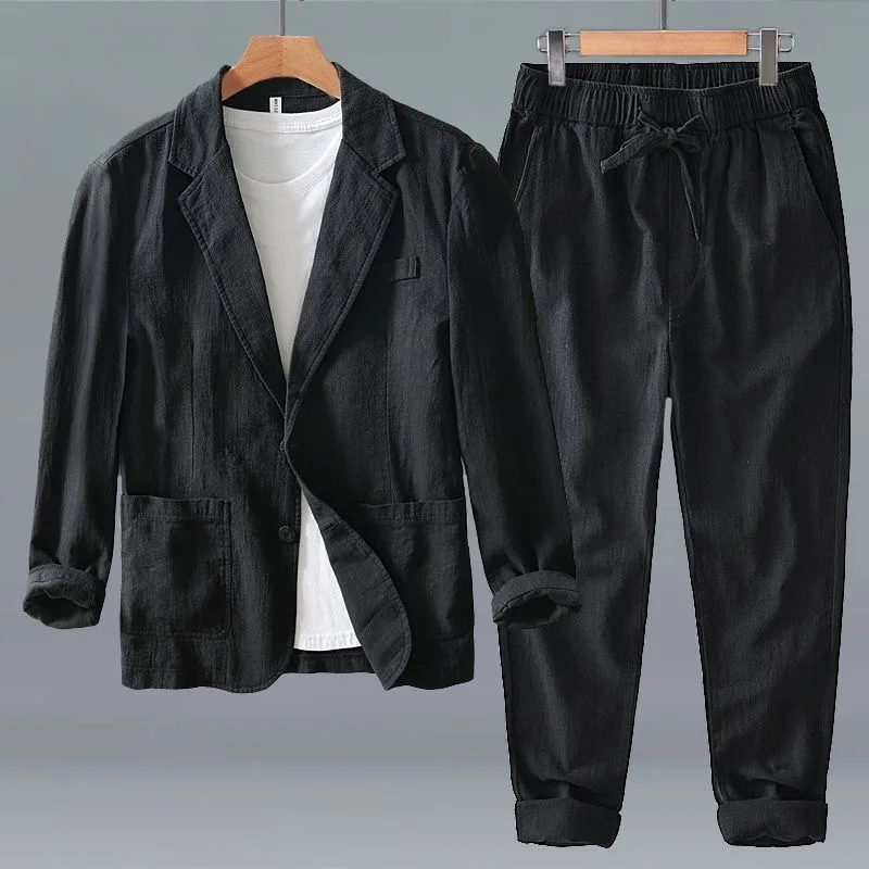 Spring Casual Cotton Linen Men's Suit Set Thin Loose Pure Color Business Versatile Breathable Two-Piece Suit for Daily Wear
