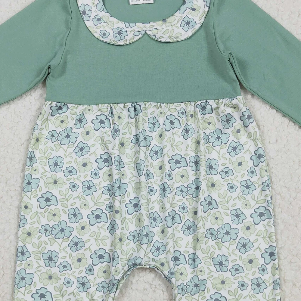 Baby Girls Green Long Sleeves Floral Ruffle Romper Pant Cute Infant Girl Outfit with Ruffle Detailing