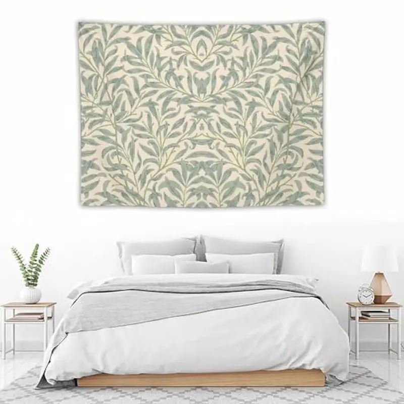 VIKAMA William Morris Green Leaf Symmetric Wall Tapestry Beige Blue Botanical Vine Pattern Vintage Art Nouveau Bedroom Living