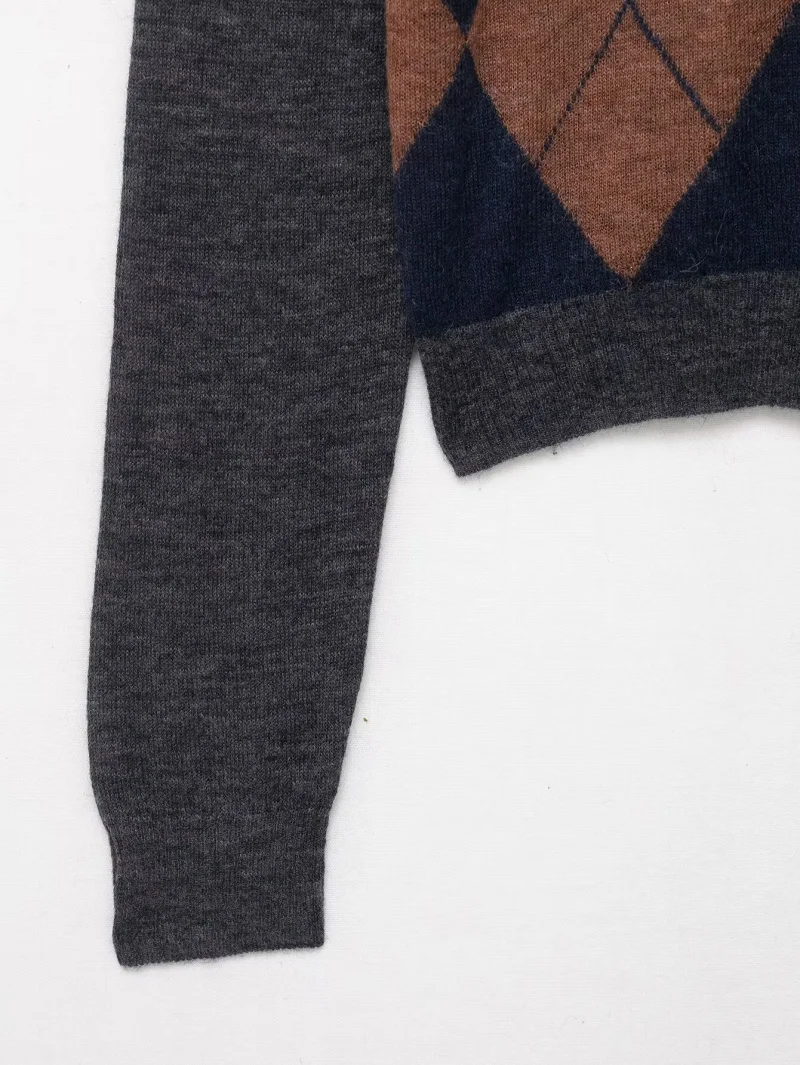 ETJ 2025 jesień nowa kolekcja odzieży damskiej, sweter z długim rękawem, cienki, dzianinowy, z kołnierzykiem polo, zdobiony diamentowym wzorem i przeszyciami.