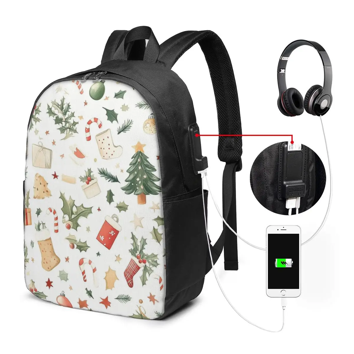 Christmas Holly And Berries Pattern Backpack Travel Notebook Bag Computer College Student School Bag Laptop Shoulder Bags