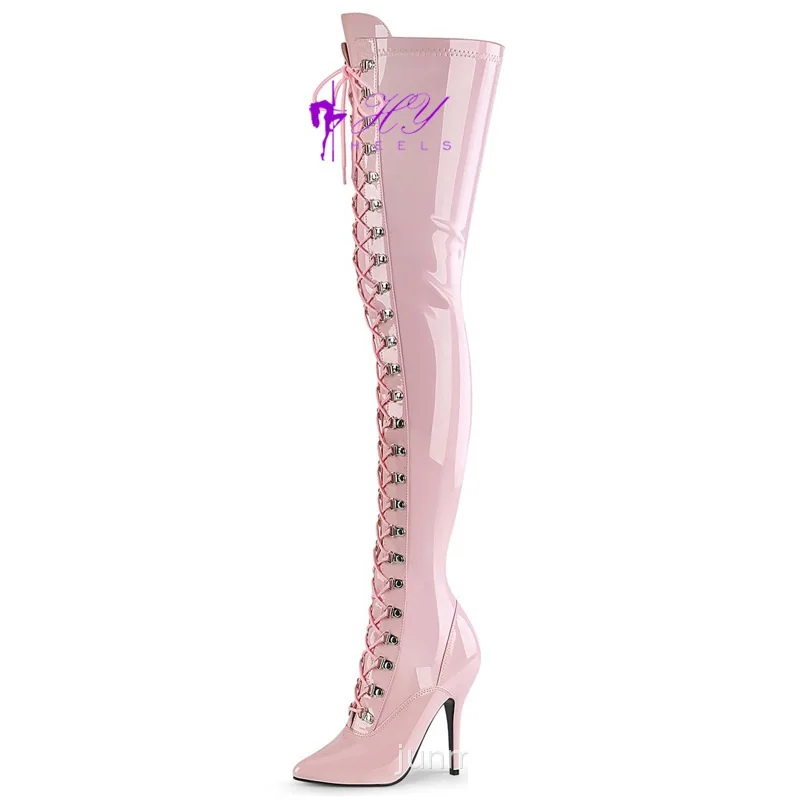 CACA 12CM Women Thigh Boots,Pole Dancing Shoes,Men Cosplay High Heels Botas,Pointed Toe,Front Laces,DIY,Big 44,45,46,Dropship