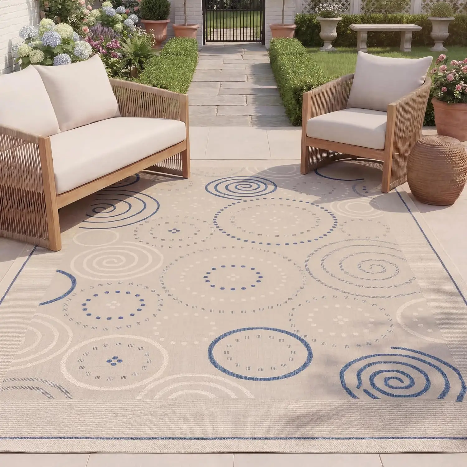 Washable Rug Outdoor Courtyard Collection - 8' x 11', Natural & Blue, Non-Shedding & Easy Cleaning, Ideal for Patio, Backyard, M