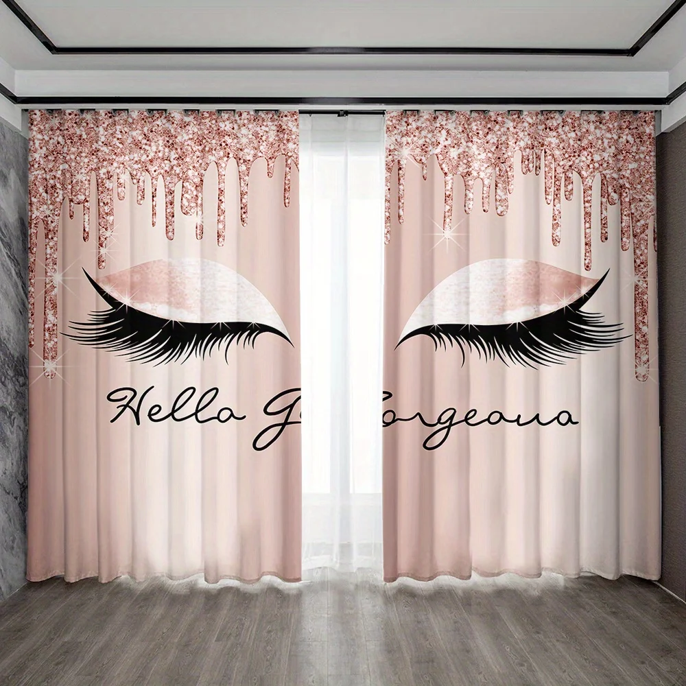 Glitter Eyelash Curtains with Pink Sparkle Drips and Hella Gorgeous Text Glamorous Beauty Theme Window Drapes for Bedroom Decor