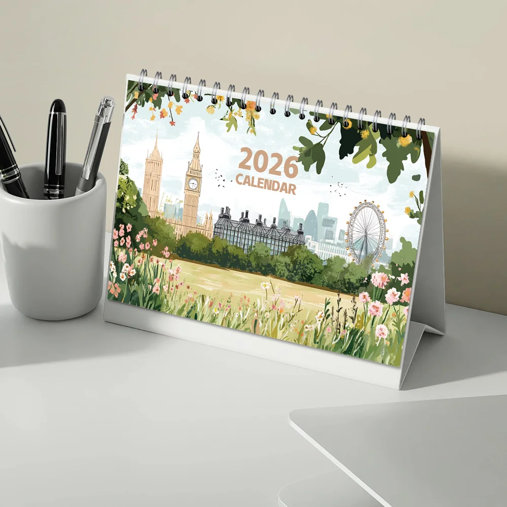 

1pc, 2026 Hand-Painted Travel Desk Calendar, Landscape Series, 12Designs, Desk Calendar (Suitable as) Birthday, Christmas, Gifts