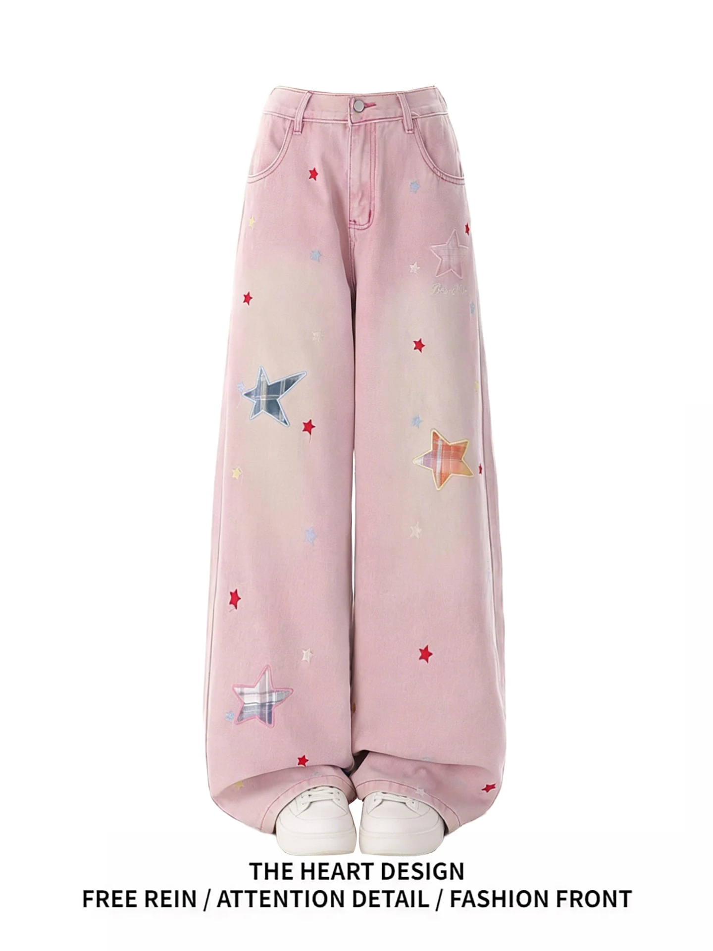 

Pink Denim Jeans Women's Spring New Design Sense Star Patch Embroidery Wide Leg Long Pants American Style High Waist Jeans