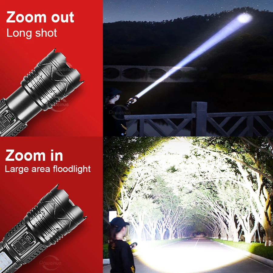 Super Bright LED Flashlight 10000W High Power Torch Long Shot 6000M Rechargeable Side COB Light Waterproof for Camping Hiking