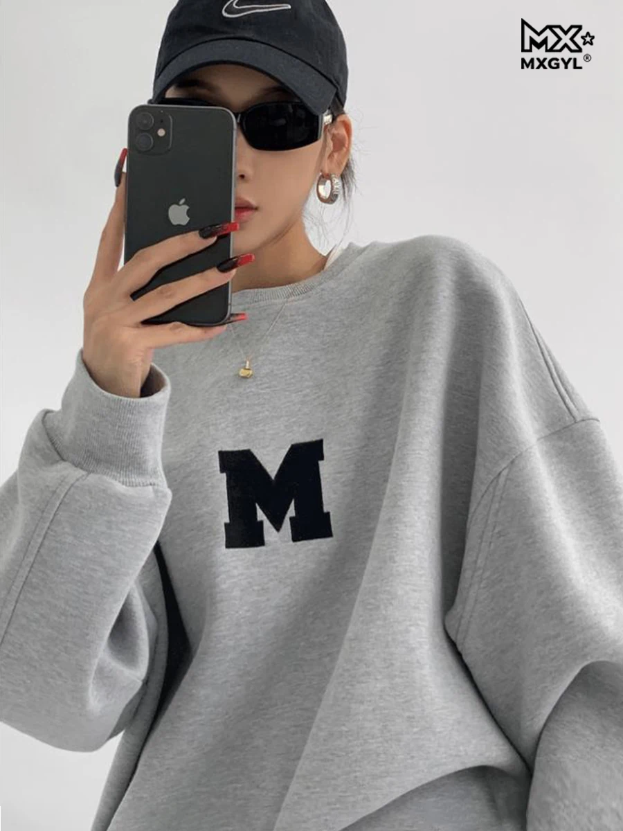2025Retro Amerikanischen Grau Rundhals Sweatshirt Frauen Oversize Frühling Herbst Lose Schulter Top Volle Hülse Baumwolle Verdickt Winter