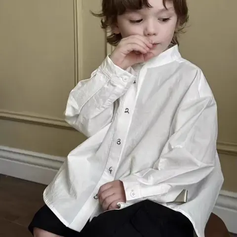 Boys' Long Sleeved Shirt Children's Spring and Autumn Clothing 2026 New White and Stylish Jacket Baby Letter Shirt