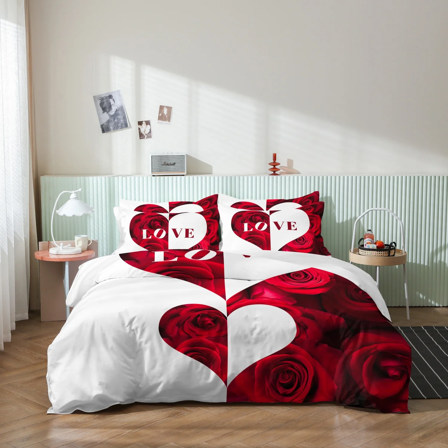 Red Rose Heart LOVE Letter Print 3Pcs Duvet Cover Set, Romantic Red Floral Heart Shape Print Bedding, Multiple Sizes Available