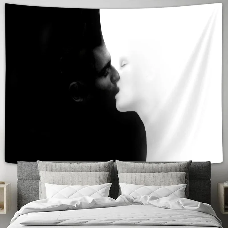 Black and White Romantic Kiss Couple Art Wall Tapestry Machine Washable All Season Decor Print Home Enhance spatial aesthetics