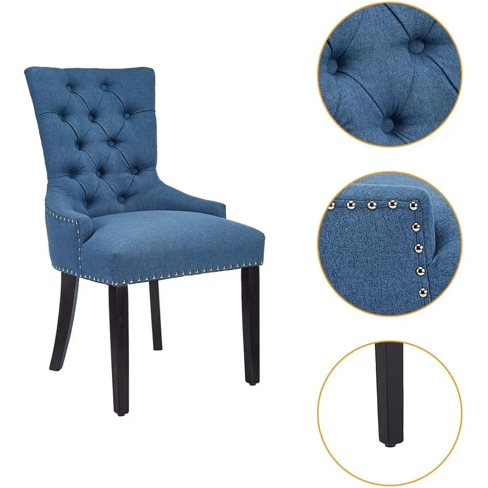 Modern Elegant Button Tufted Upholstered Fabric with Stud Head Trim Dining Chair Bedroom Decorative Chair, Blue