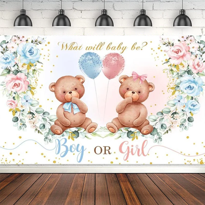 

Photography Backdrop Bear Gender Reveal Baby Shower Party Boy Or Girl Blush Pink Blue Floral Background Blue And Pink Balloons