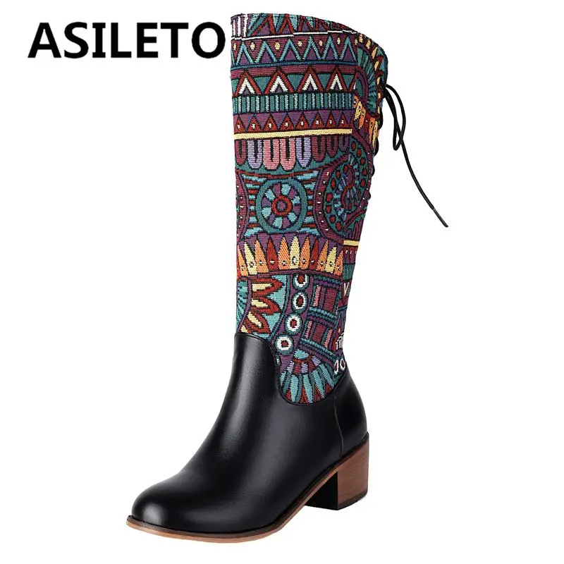 ASILETO 2024 New Design Women Knee Boots Round Toe Block Heels 4.5cm Zipper Mixed Color Print Big Size 45 46 Fashion Booties