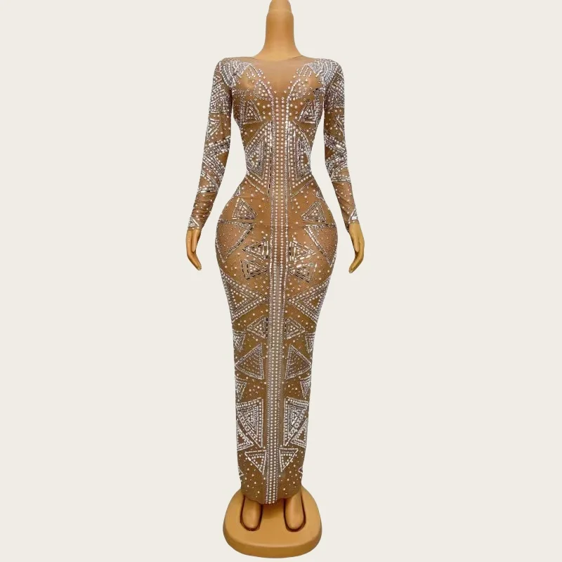 

Pearls High-end Luxury Mesh Long Dress Nightclub Birthday Party Prom Sparkly Rhinestone Evening Gown Women Couture Yixingsanjiao