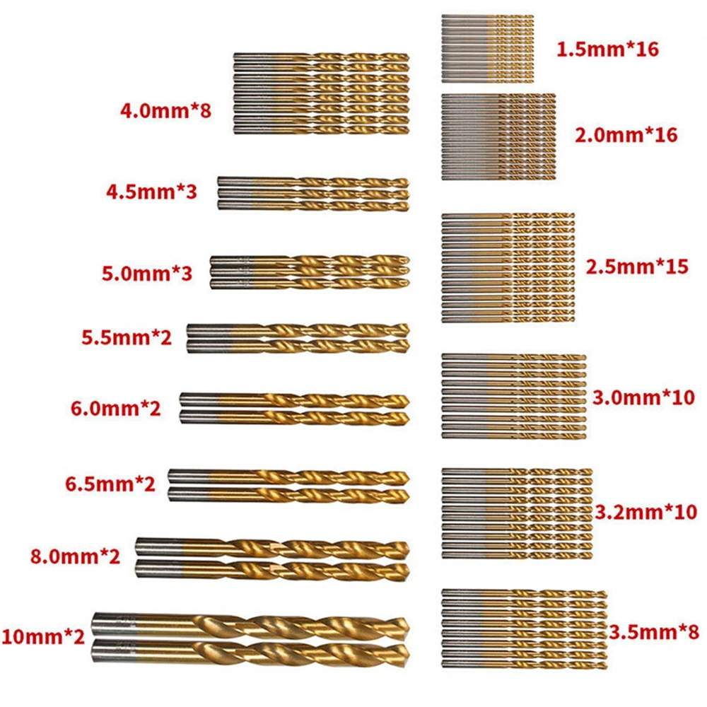 99Pcs HSS Twist Ti-plated Twist Bit Drill Bit Set Titanium Coated Drill Bits Tool Anti-rust Wear Protection Round Shank Tool