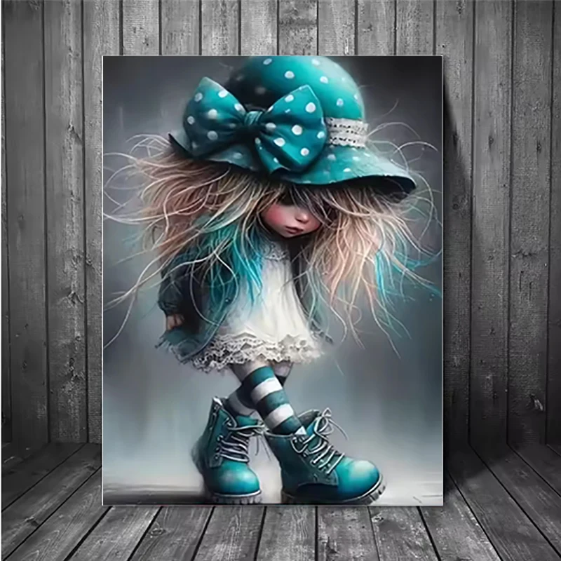 Kit de pintura artística de diamante con taladro completo 5D de chica de dibujos animados, bricolaje, mosaico de diamantes completo, sombrero con lazo, manualidades para decoración de pared del hogar