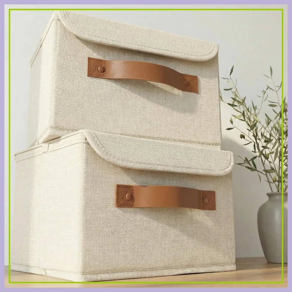 

Set of 2 Decorative Linen Storage Boxes with Lids - Spacious Organizer Bins for Home Decor, Photos, Documents & Keepsakes