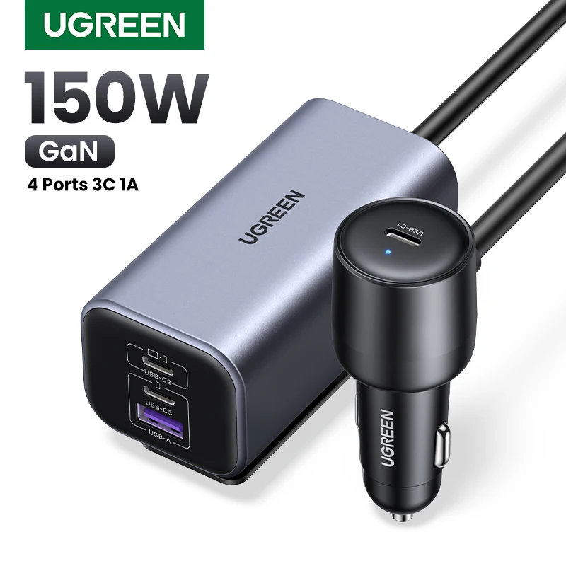 

Автомобильное зарядное устройство UGREEN 150W GaN с быстрой зарядкой, 4 порта USB, для iPhone 17, 16, 15, зарядка USB-C для iPad, ноутбуков