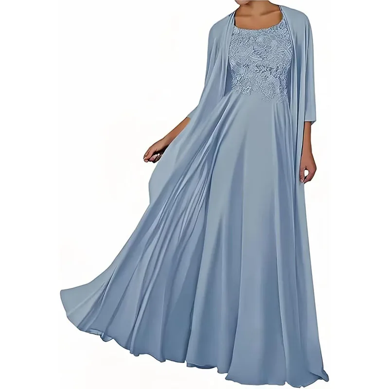 

2 Piece Mother of The Bride Dresses with Jacket Long Chiffon Lace Mother of Groom Dresses for Wedding 3/4 Sleeve