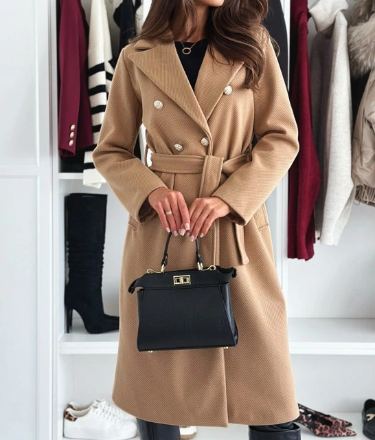 

Women's Windbreaker 2025 Autumn Winter Latest Simple Solid Color Double Row Buckle Tied Woolen Coat Cardigan Jacket Open Front