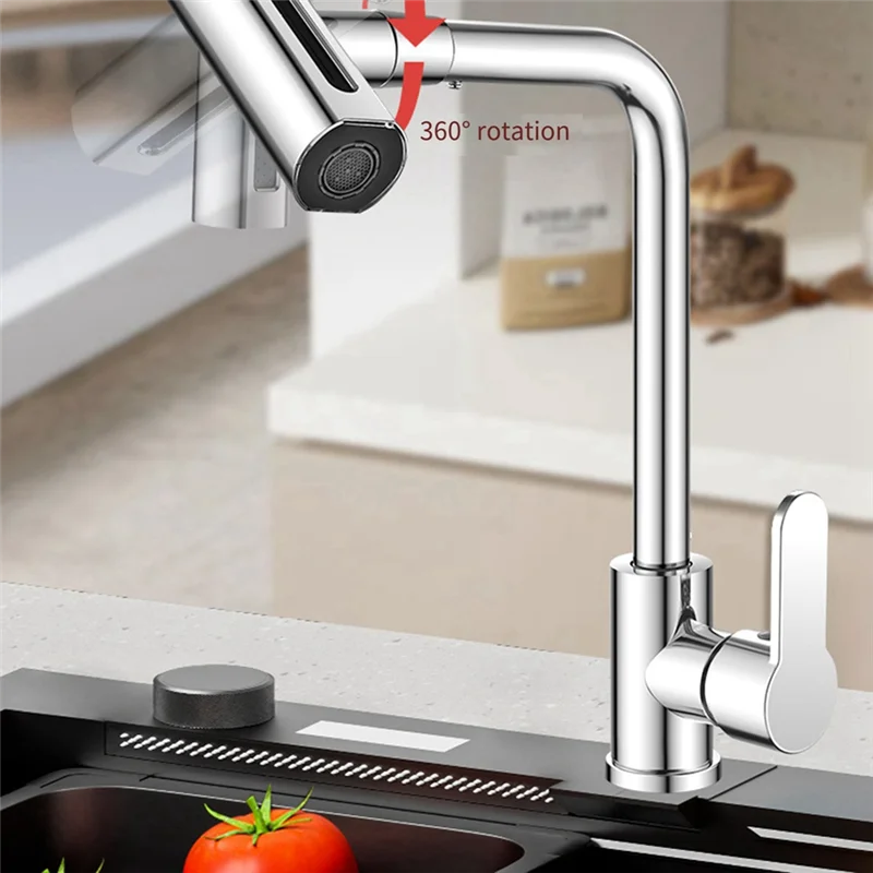 Waterfall Kitchen Faucet With 4 Modes Stream Sprayer Single Hole Deck Mounted Tap Black