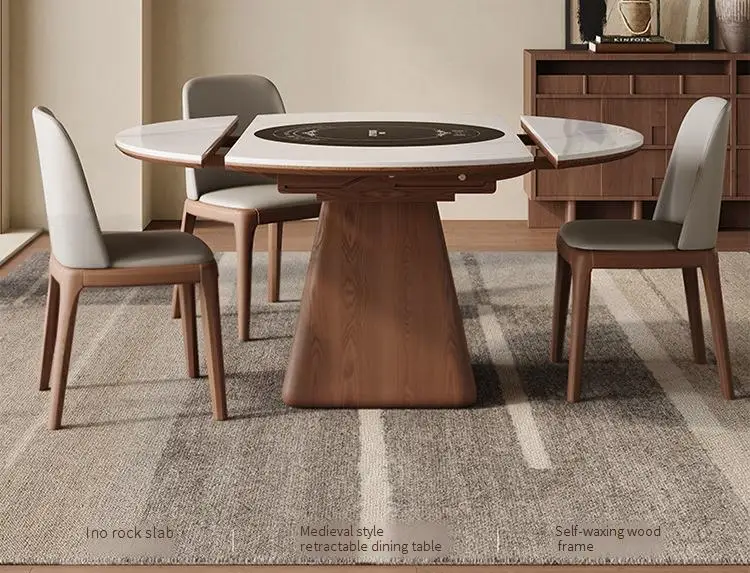 Expandable Dining Table With Induction Cooker, Speech And Audio Control, Warm Plate, Small Apartment Slate Family Dining Set