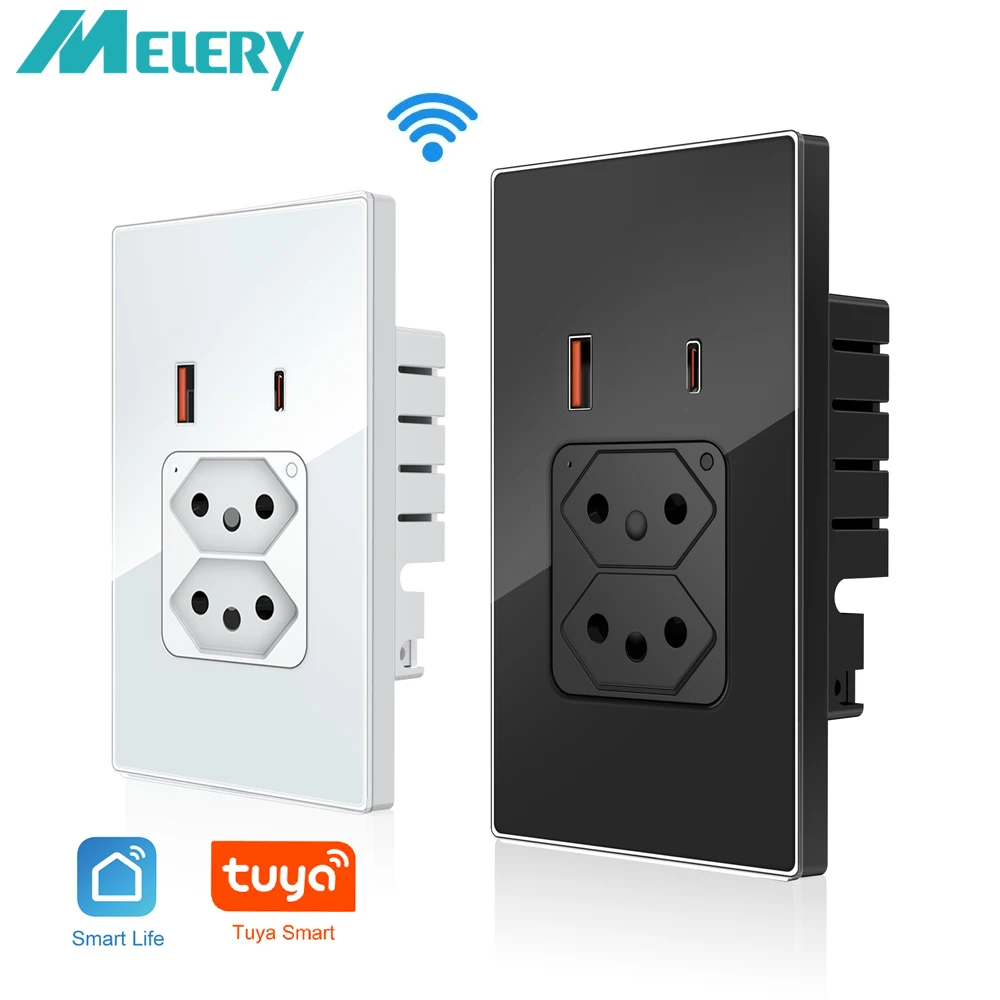 

Melery Новый дизайн Бразилия Настенная розетка Wi-Fi Smart plug 20A Plug USB TypeC PD 30W Розетка Голосовое управление от Google & Alexa Горячая распродажа