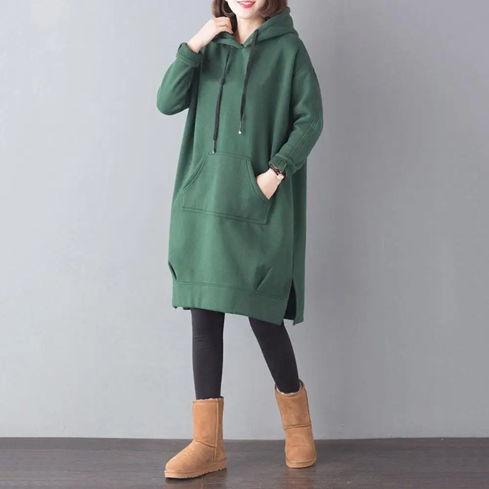 Thickened Warm Hoodie Cozy Knee-length Plush Pullover Hoodie with Drawstring Hem Big Pocket for Women Warm Winter Wear