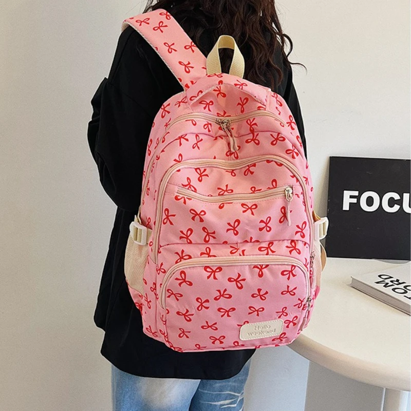 طقم نسائي جديد مكون من 3 قطع لعام 2025، طراز كوري، حقيبة ظهر عصرية للسفر بطباعة فيونكة، حقيبة مدرسية خفيفة الوزن وبسيطة للطلاب #3
