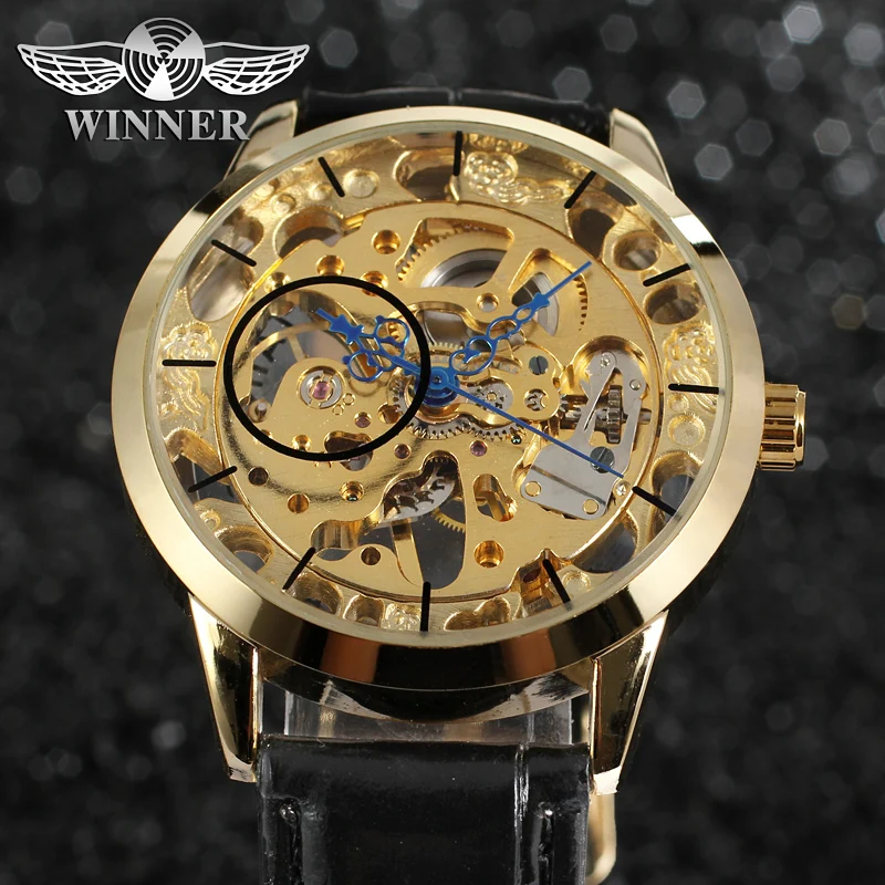 

Luxury Brand New Watches Mens Golden Skeleton Mechanical Hand Wind Watch Black Leather Strap Casual Business Wrist Watches