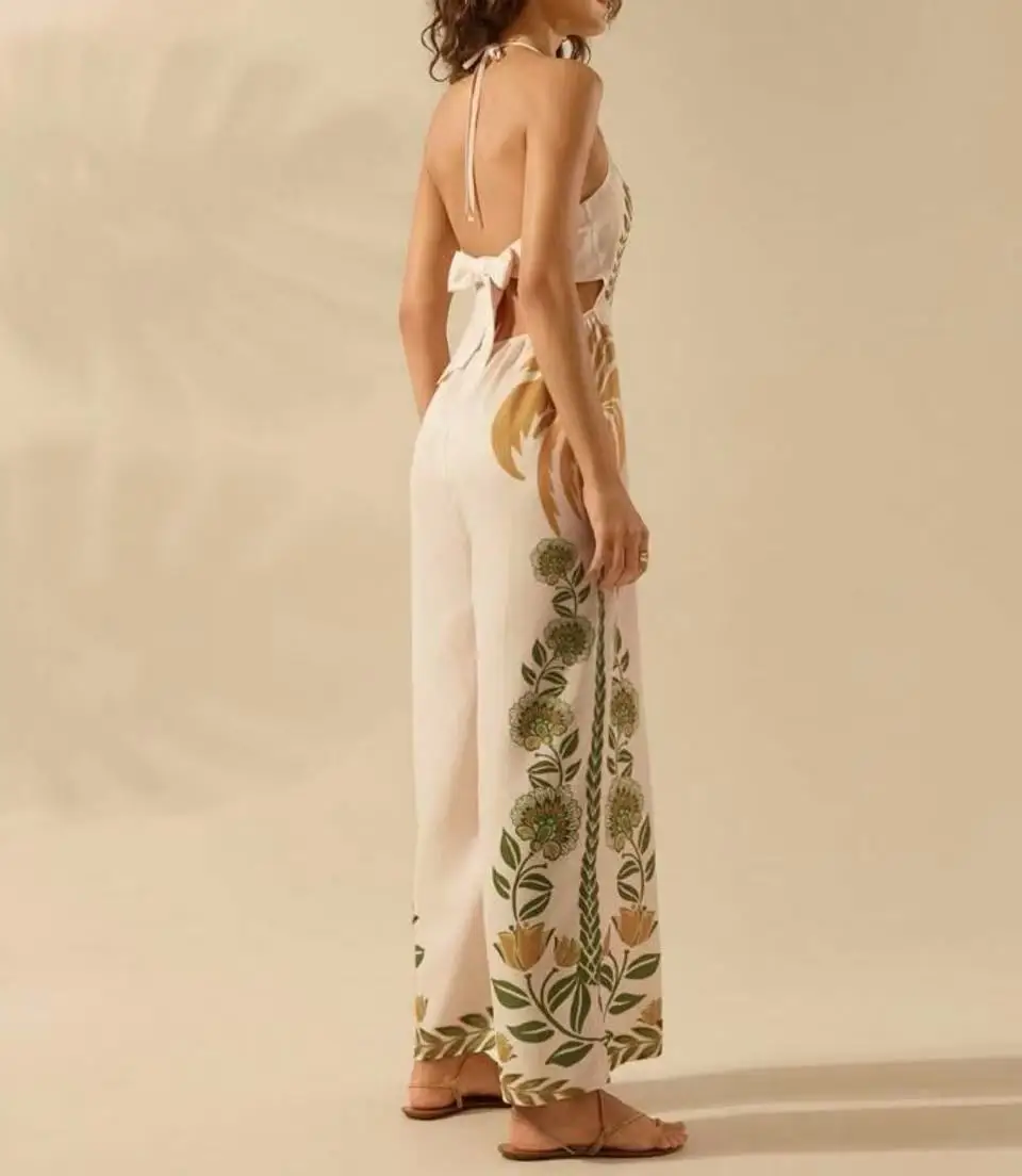 Moda impressa halter sem mangas sem costas macacão para mulheres verão calças de perna larga macacões feminino férias streetwear