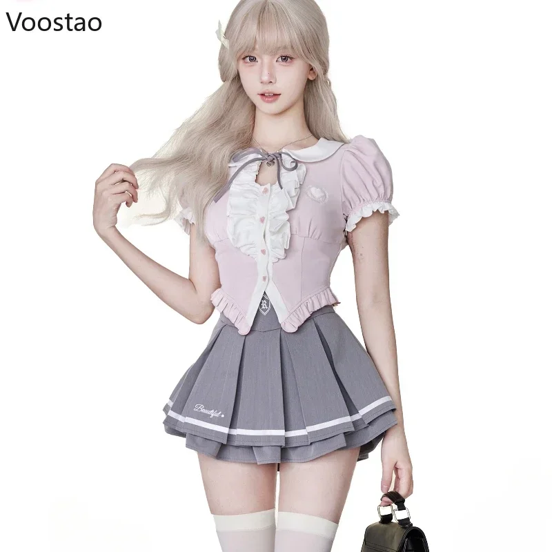 Preppy Style Lolita Skirt Set Women Kawaii Ruffles Peter Pan Collar Shirt Cute Mini Pleated Skirts Suit Female Korean JK Uniform