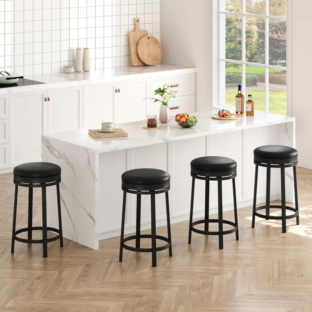 24'' Swivel Bar Stools Set of 4 with Footrest, Modern Counter Height Barstools with PU Leather Upholstered and Metal Frame, Bac