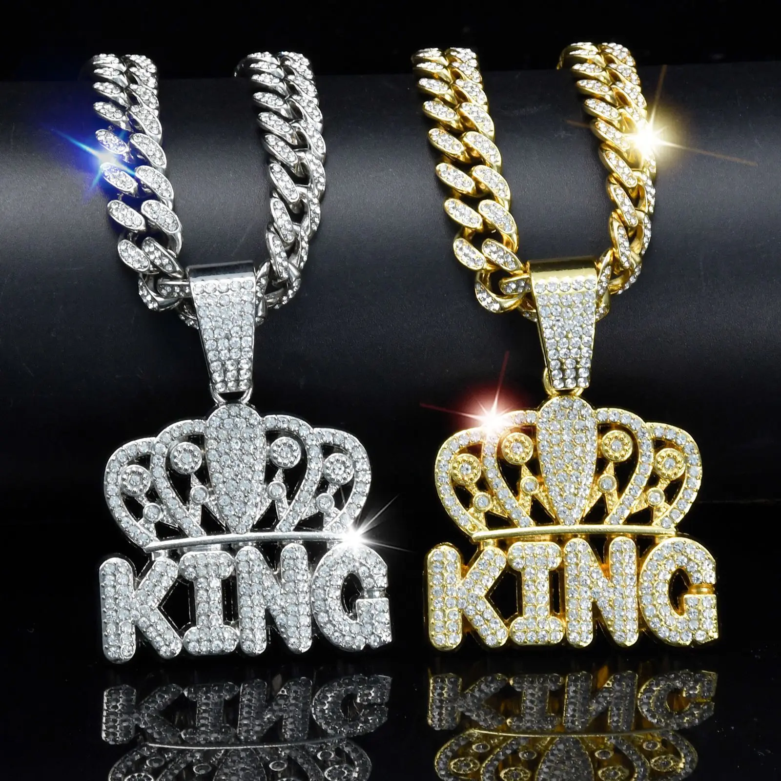 

Fashion Hip-Hop Crown KING Pendant Necklace Men's Crystal Cuban Chain ice Crystal Shiny Hip-Hop Necklace Rock Jewelry