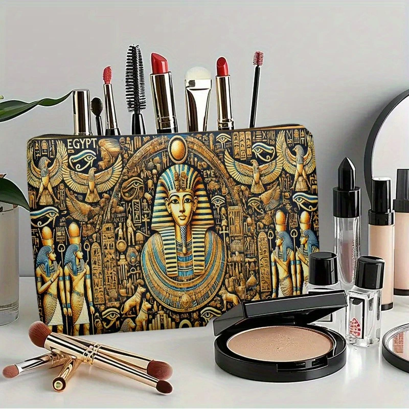 1pc Egyptian-Themed Cosmetic Bag with Tutankhamun Mural & Egyptian Pharaohs - Double-Sided Print Toiletry, Zipper Closure