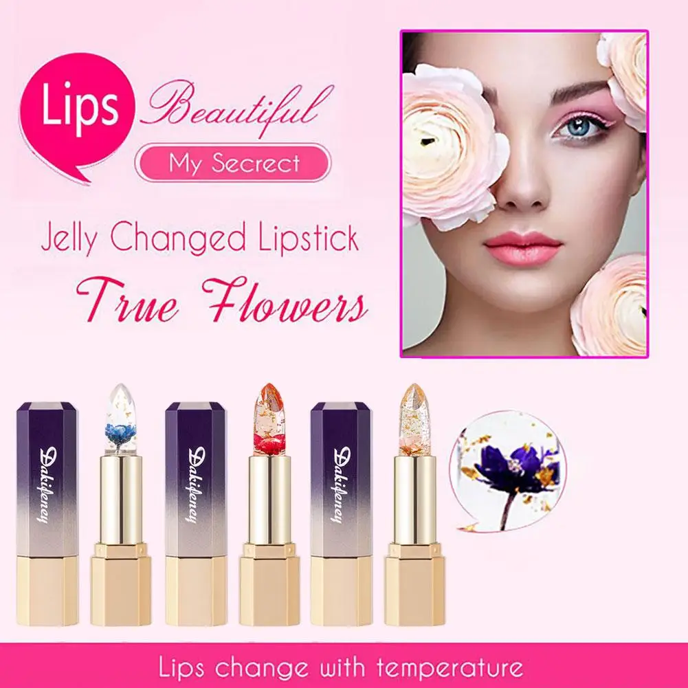 Transparent Flower Jelly Temperature Color-changing Lipstick long-lasting waterproof non stick cup Anti-drying Lips Skin Care