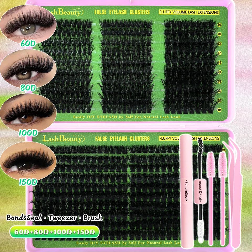 Kit de Clusters de Pestañas, 10–18 mm Curvatura D 60D/80D/100D/150D Naturales Gruesas Volumen Pestañas Individuales Libro Set Pegamento para Pestañas Extensión 5