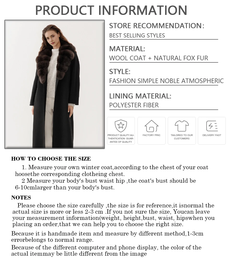 Lange wollen jas met vossenbontafwerking Dameswinterjas Echt vossenbont Overjas Luxe wollen jassen voor dames