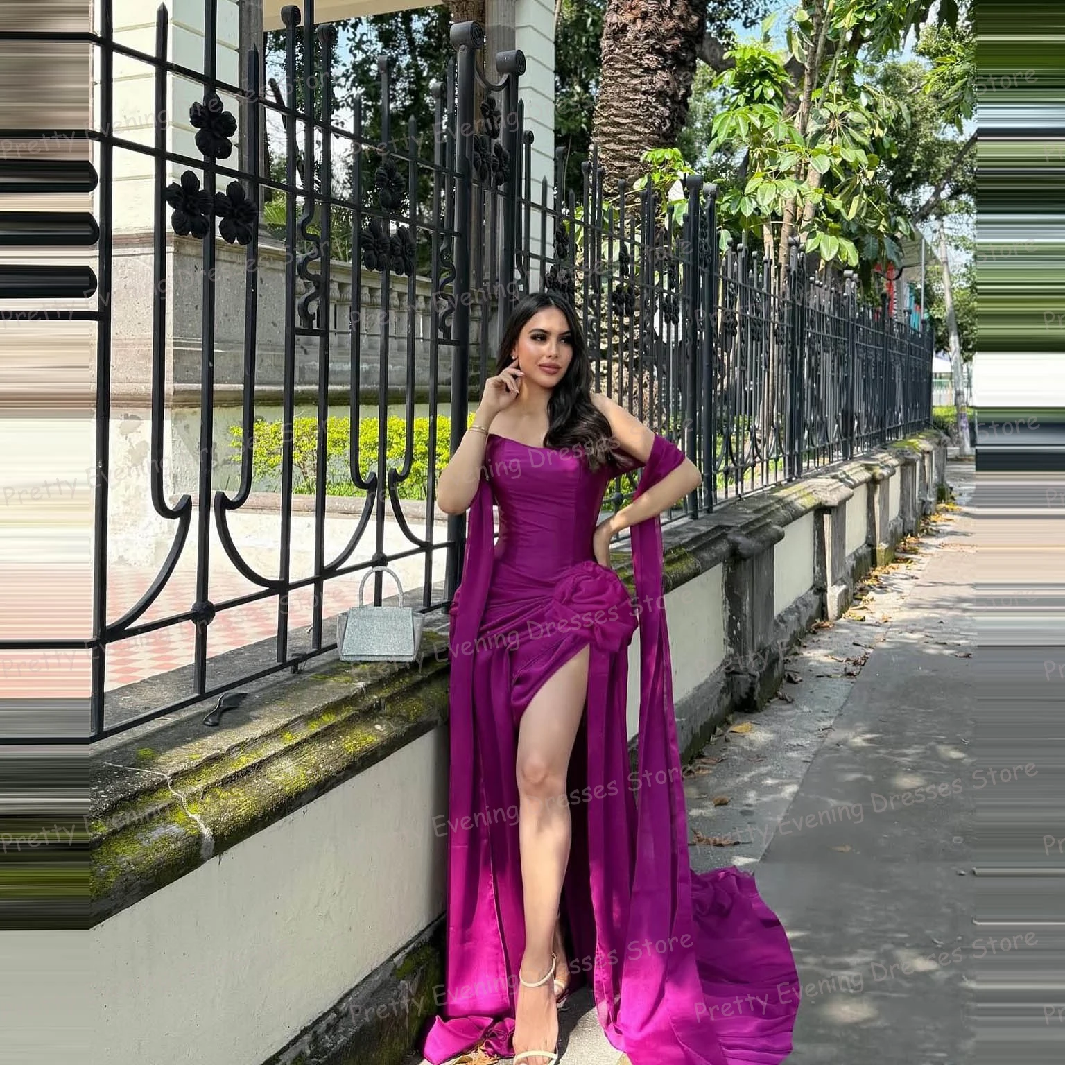 Gaun Malam Merah Muda Sederhana Gaun Prom Wiru Belah Tinggi Seksi Wanita Putri Duyung Gaun Pesta Mode Kustom Vestidos De Novia