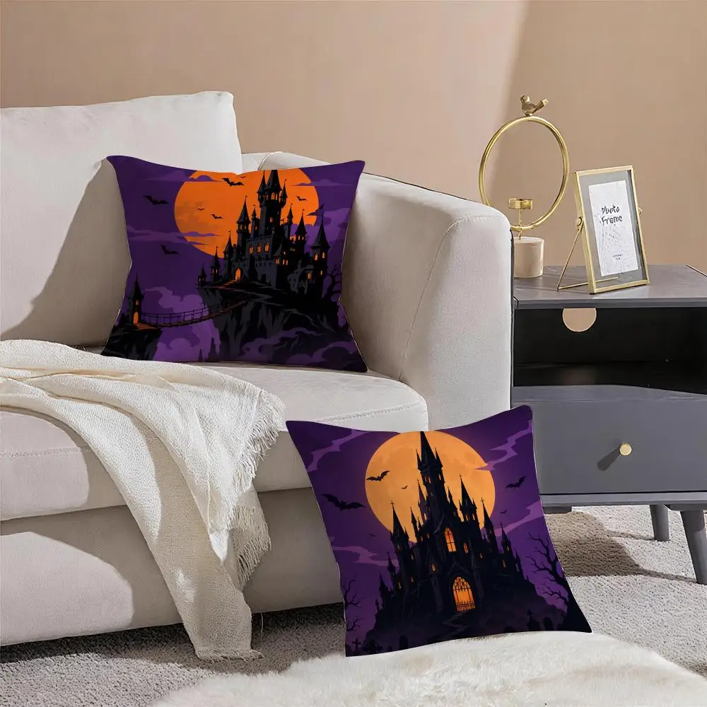 Halloween Haunted Castle Cushion Cover Pillowcase Short Plush Invisible zipper Room Sofa Cushion Cover