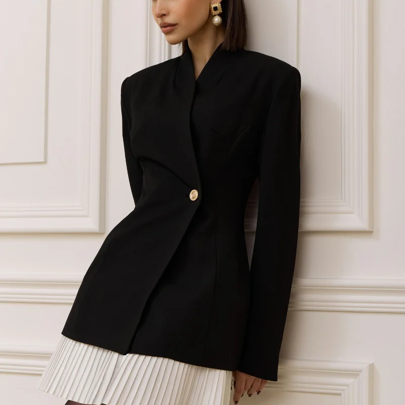 

Elegant High-end Suit Patchwork Skirt Designers Fashion Versatile Long Sleeved Coat Modest Stylish French Fall Top Office Women