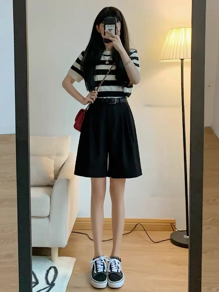 

Костюмные брюки из ледяного шелка, женские летние новые корейские версии, тонкие широкие брюки пять четвертей, свободные повседневные брюки средней длины