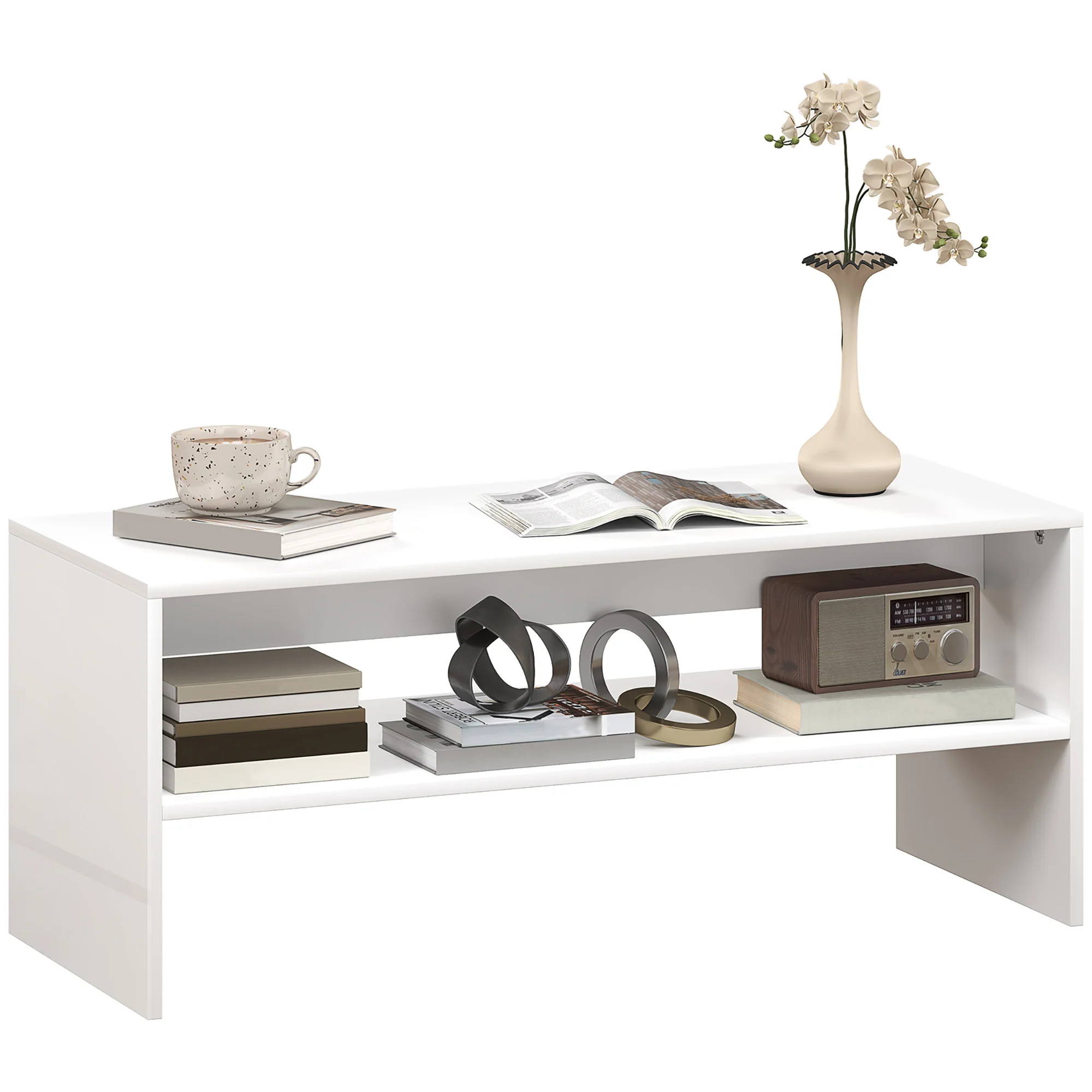HOMCOM Mesa de Centro Mesa Auxiliar con Compartimo Abierto Mesa de Café 100x40x41,5 cm Blanco Brillante #1