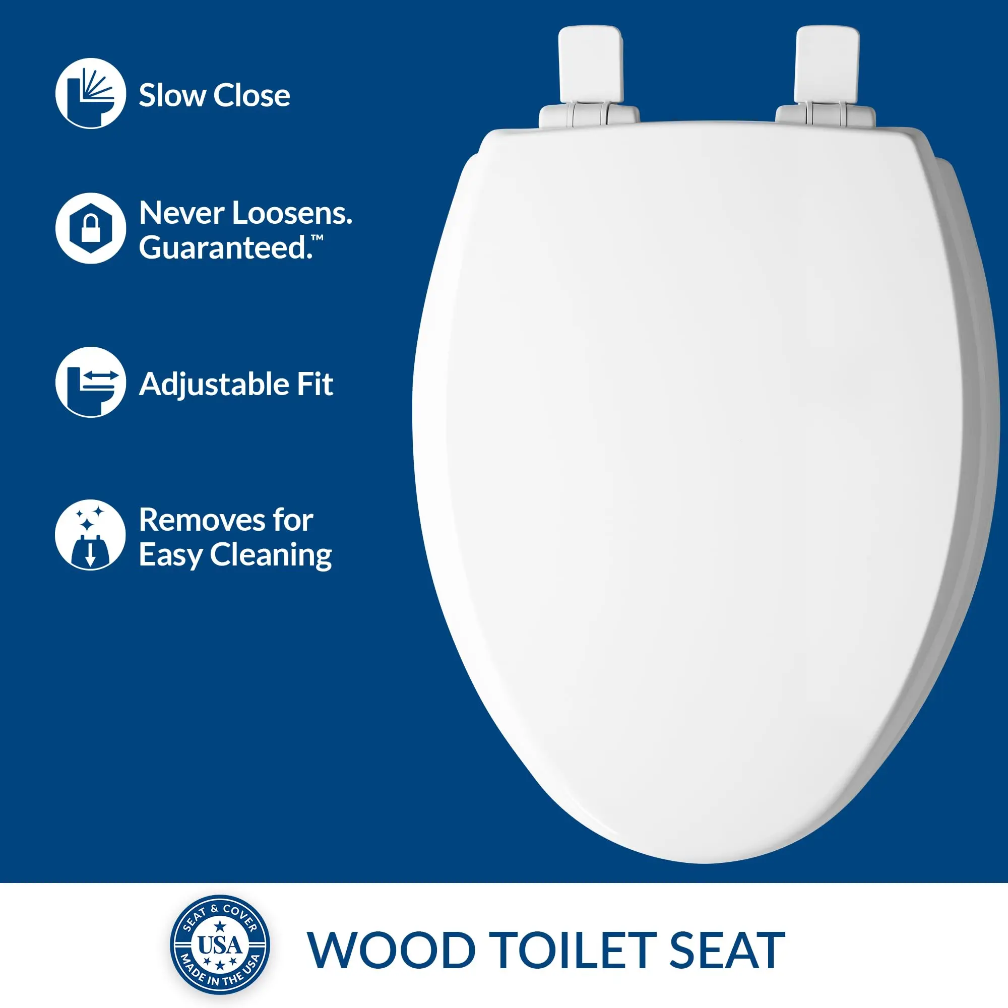 Cassel Slow Close Toilet Seat, Easy Clean, Non Slip Premium Wood Seat, Easy Install, Made in USA, Elongated, White