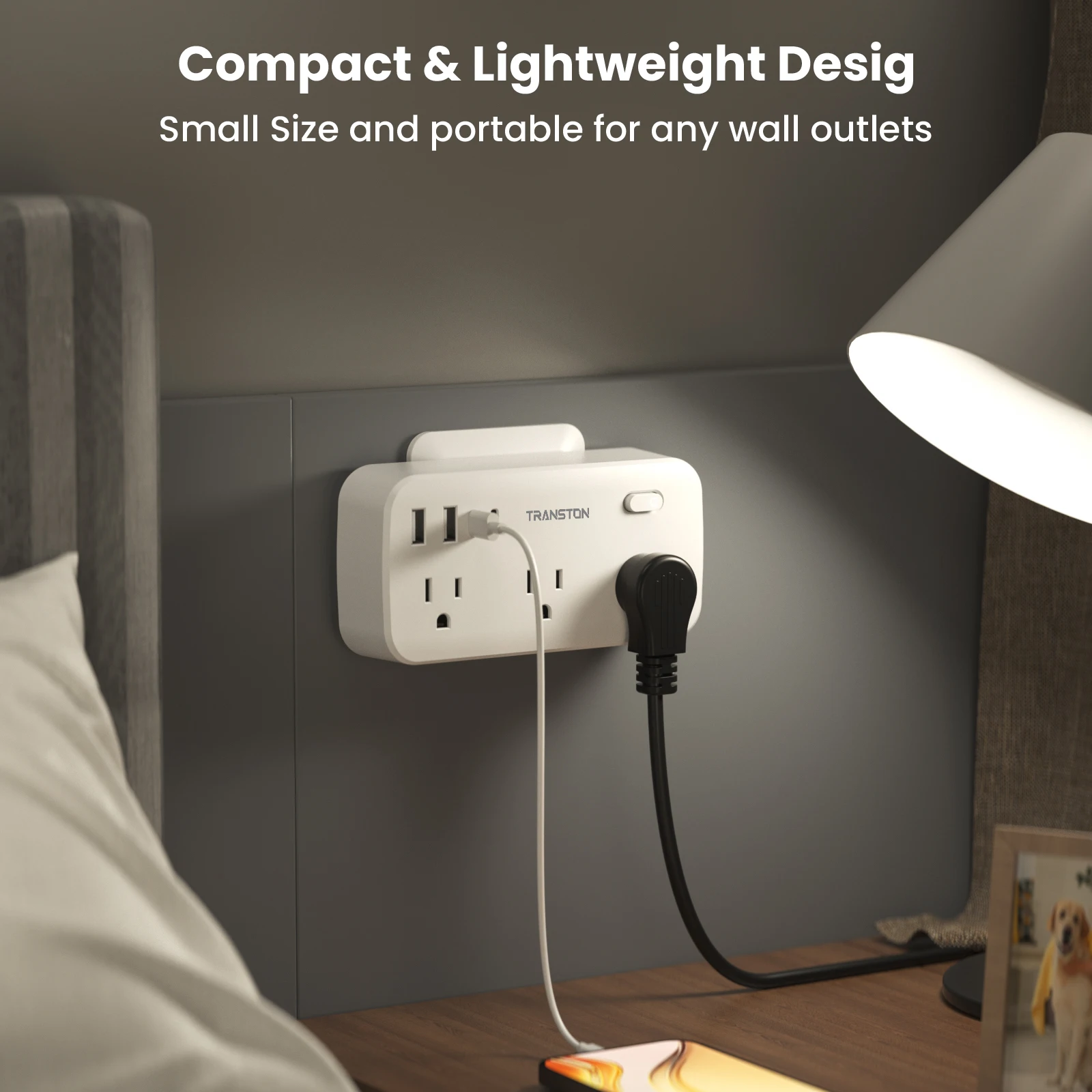 واقي عرام شريط الطاقة باللون الأبيض مع 6 منافذ تيار متردد، 2 منافذ شحن سريعة USB و2 USB-C، 10 في 1,45 ° المكونات الميلية، الحماية المتقدمة