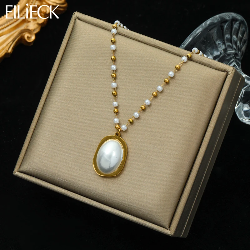 EILIECK 316L Stainless Steel Oval Pearl Pendant Necklace For Women Girl Fashion Non-fading Jewelry Gift Wedding collier femme