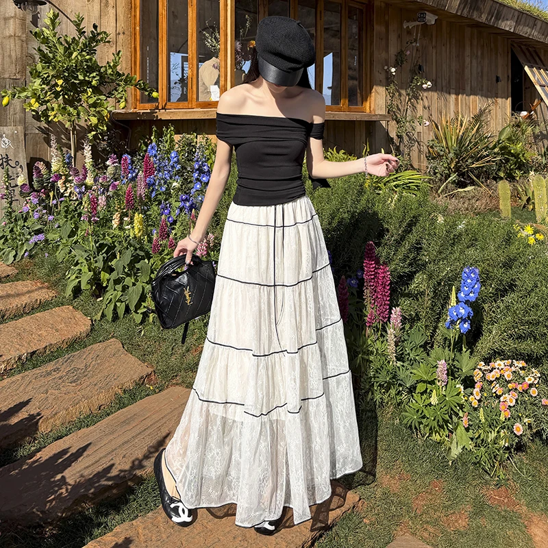 Elegant Romantic Beautiful Lace Pleated Heavy Sense Half-length Long Skirt Elegantly Drifting A-line Skirt Polyester Fiber