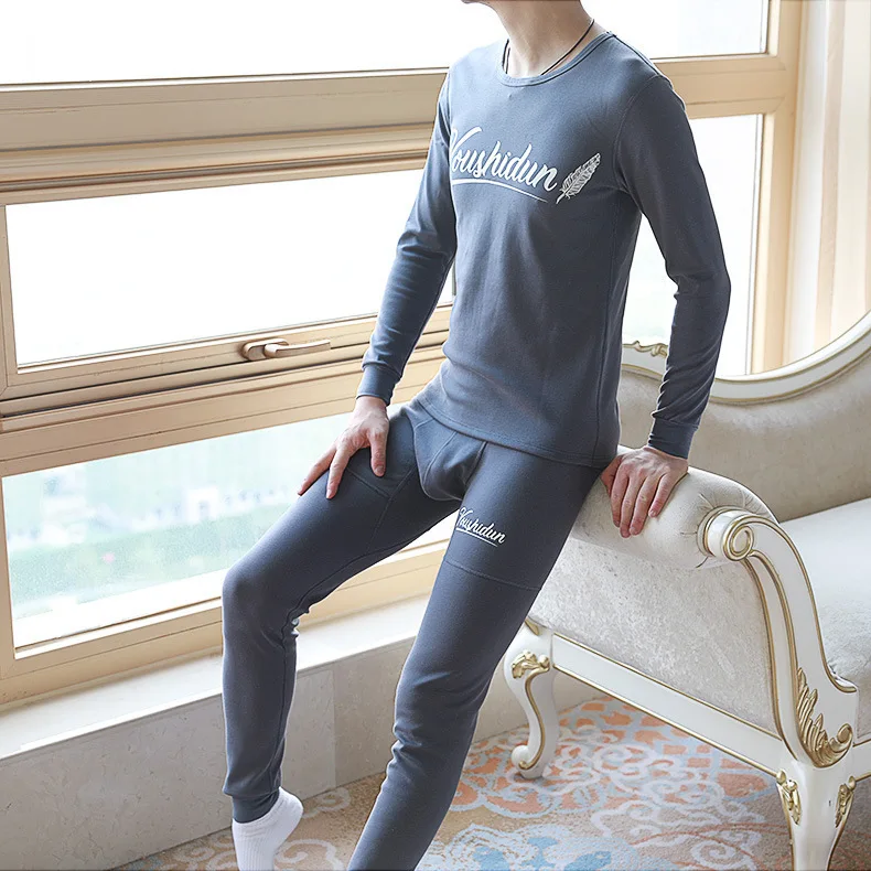 Mens Thermal Underwear Set with Thick Velvet Round Neck Autumn Clothe and Pant Cotton Breathable Warm Base Youth Bottom Lingerie