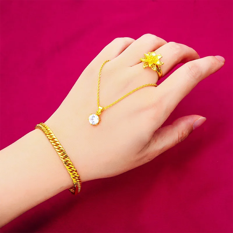 

24K Gold AU999 Women's Trendy Bell Bracelet - Open Ring-Necklace Set, Bell Pendant + Polished Chain, Adjustable Ring